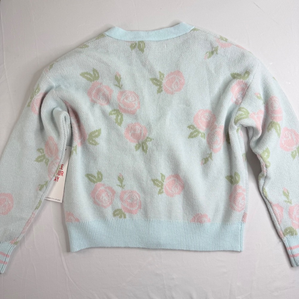Celebrity Pink Womens Light Blue Pink Rose Floral V-Neck Button Up Cardigan NEW - Picture 9 of 14